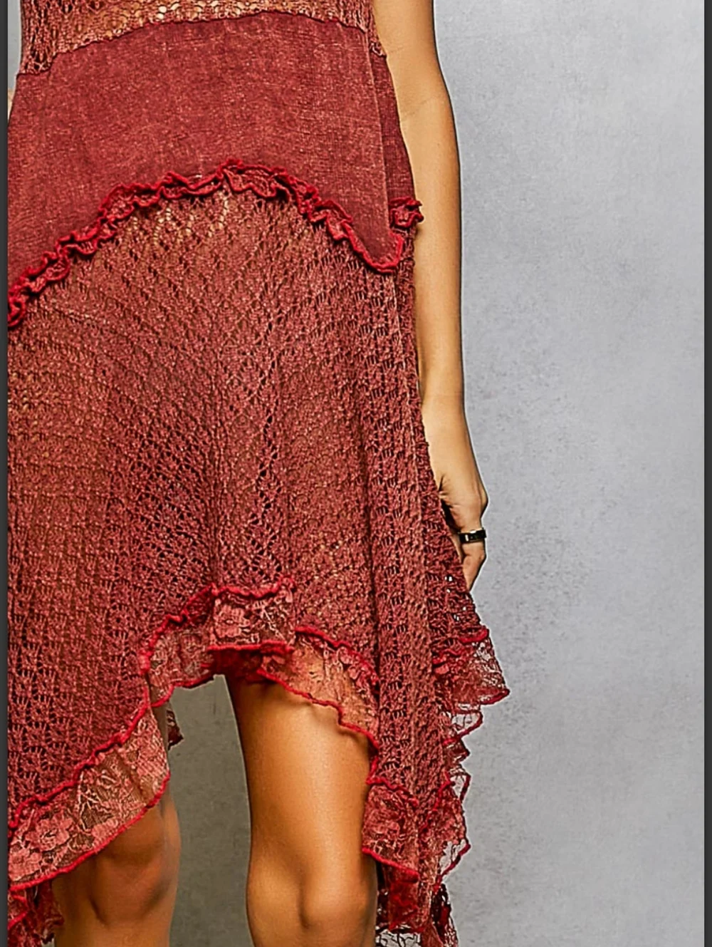 NEW ARRIVAL❣️ Powder Brick Red Crochet Ruffle Fit And Flare Airy  Sundress NIP - Picture 12 of 15